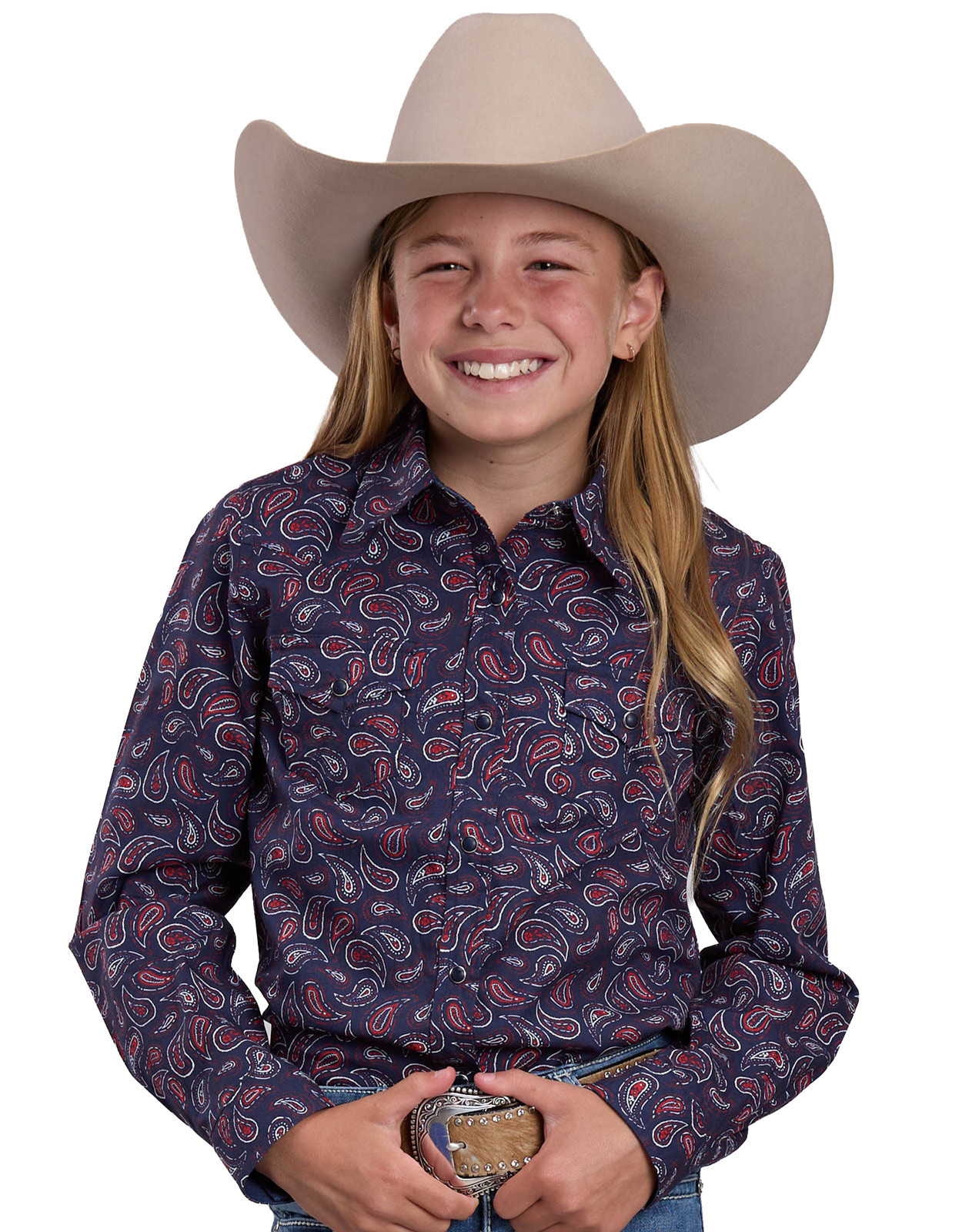 Roper Girls' Long Sleeve Print Snap Shirt - Blue/Red