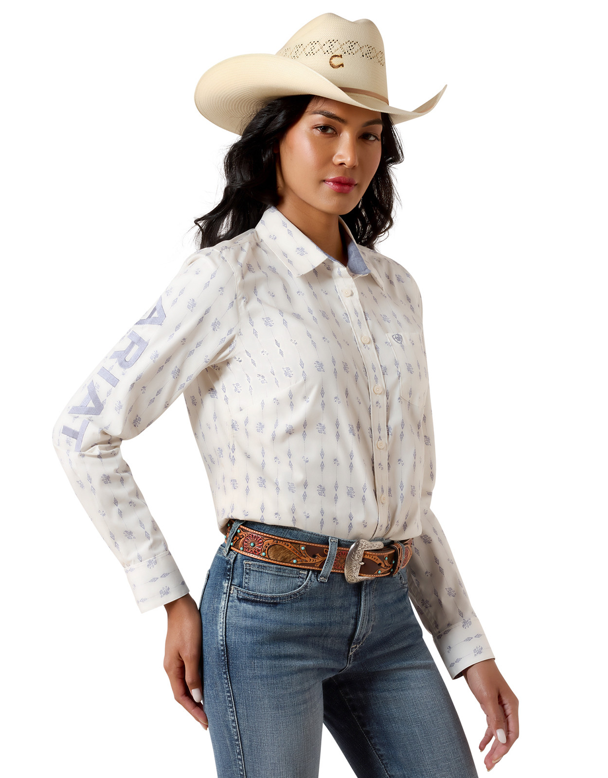 Ariat Women's Kirby Stretch Long Sleeve Print Button Down Shirt - White/Blue