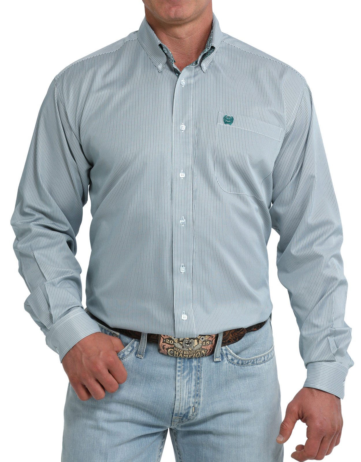 Cinch Men's Long Sleeve Stripe Button Down Shirt - White/Teal
