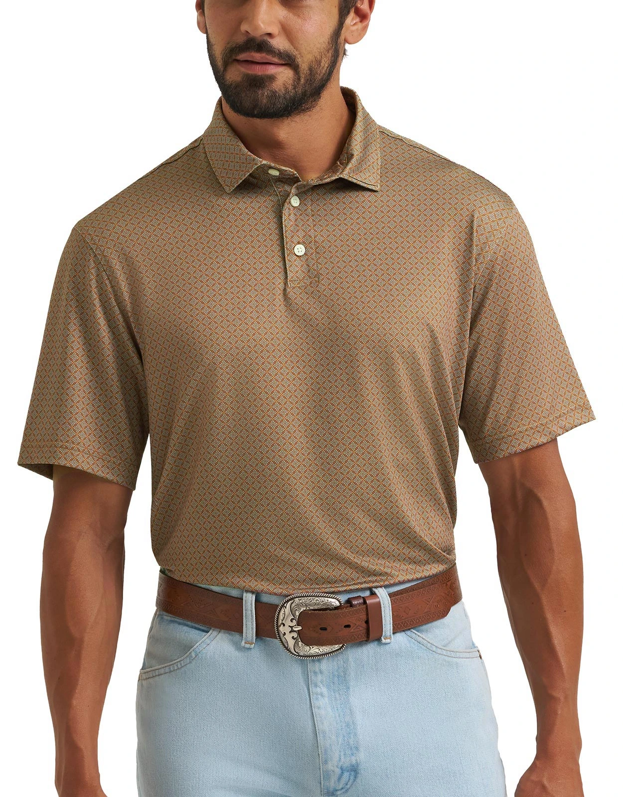 Wrangler Men's All Terrain Performance Polo Short Sleeve Print Button Shirt - Carmel Brown