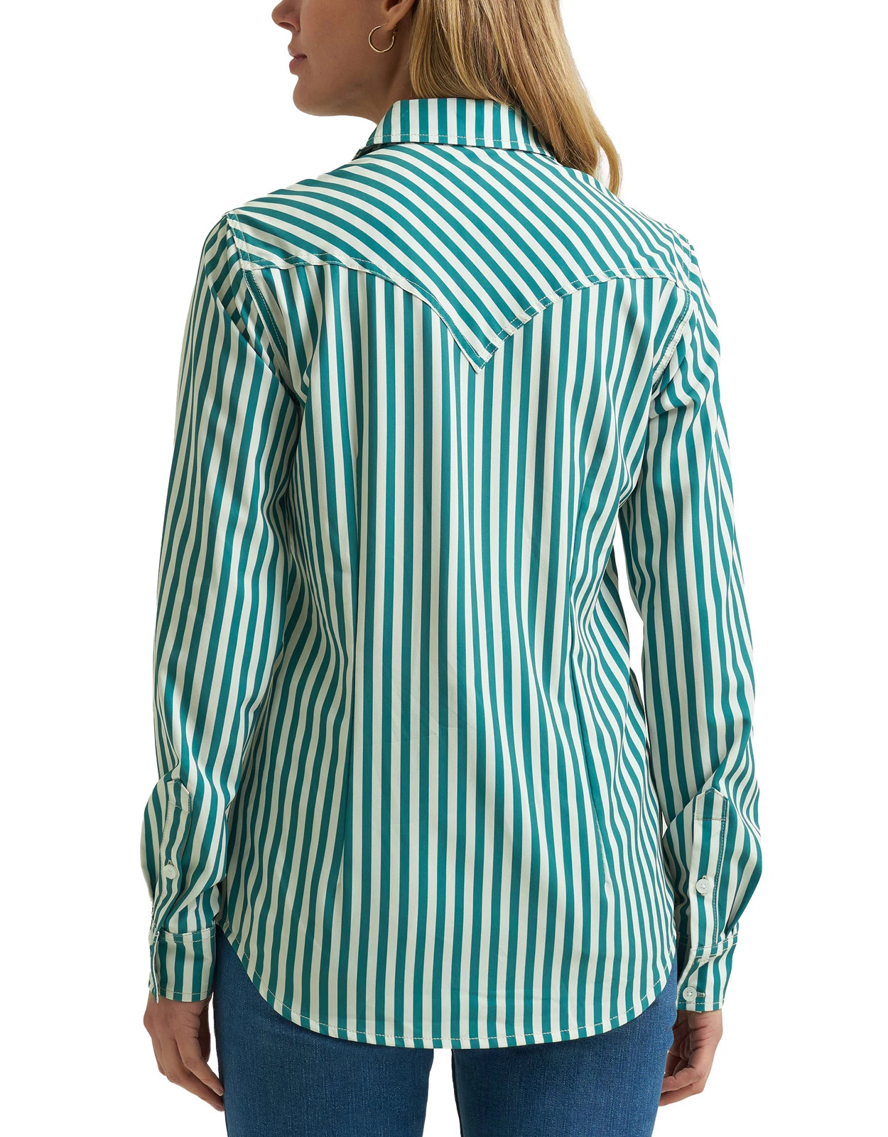 Wrangler Women's Performance Long Sleeve Stripe Button Down Shirt - Teal/Cream