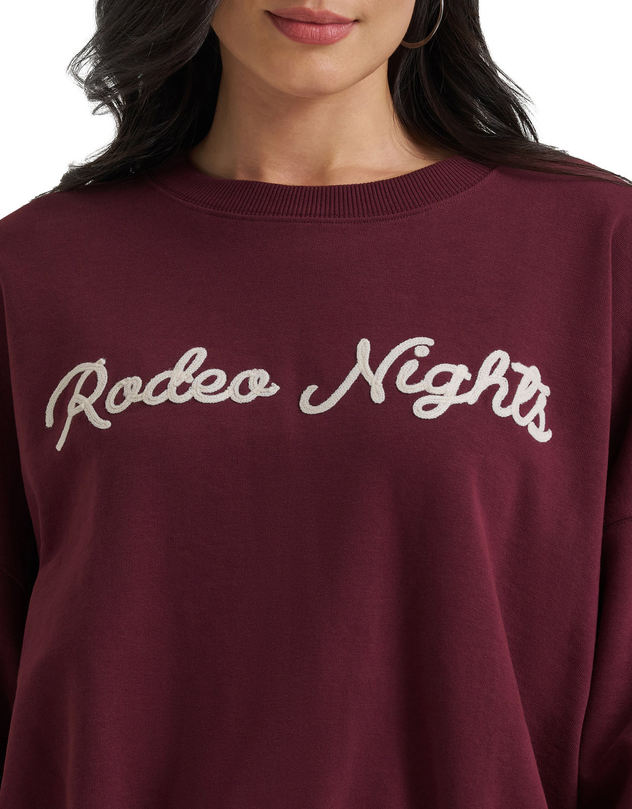 Wrangler Women's Lainey Wilson Long Sleeve Embroidered "Rodeo Nights" Sweatshirt - Burgundy