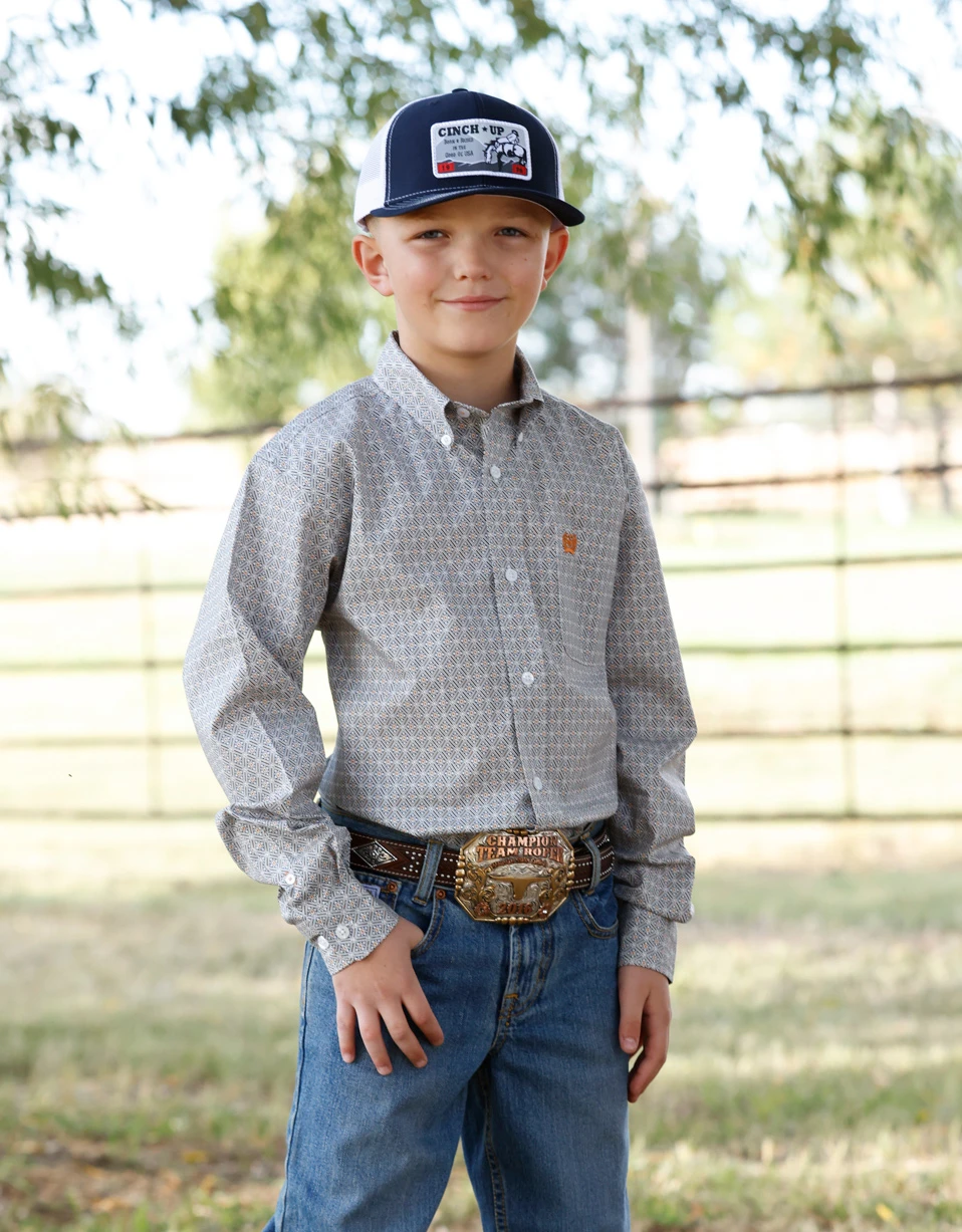 Cinch Boys' Stretch Long Sleeve Print Button Down Shirt - White/Brown