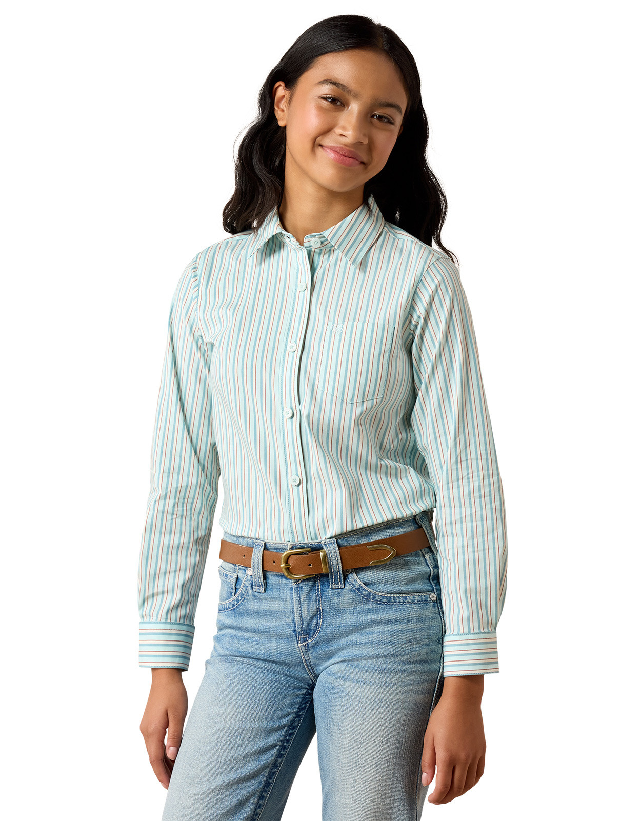Ariat Girls' Team Kirby Stretch Long Sleeve Solid Button Down Shirt - Aqua