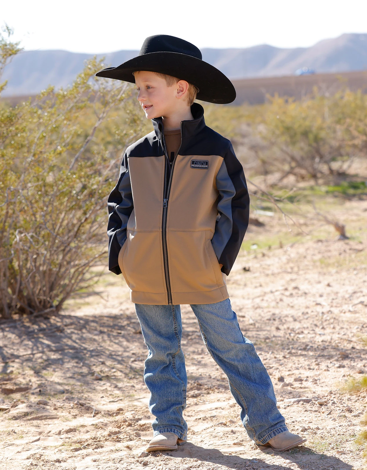 Cinch Boys' Bonded Color Block Solid Zip Jacket - Tan/Black