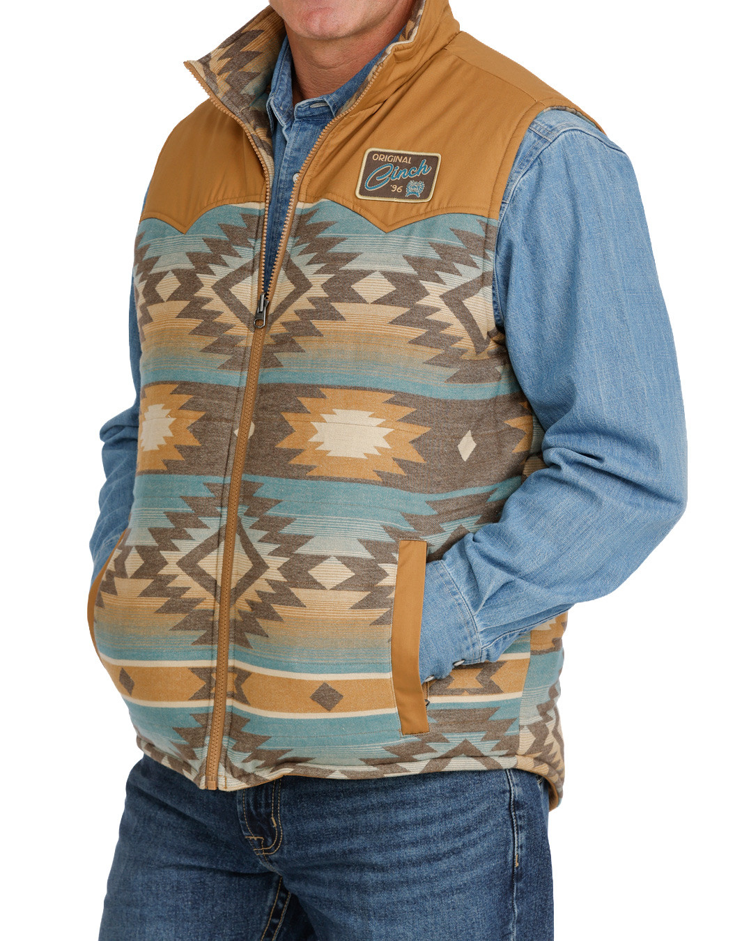 Cinch Men's Reversable Quilted Canvas Zip Vest - Brown/Turquoise