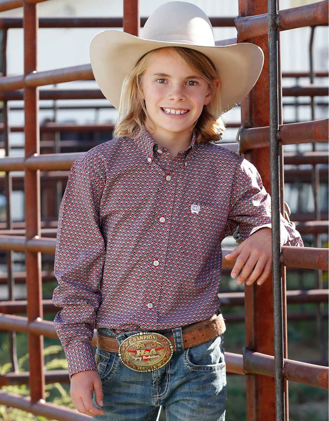 Wrangler 20X Boys' Long Sleeve Stripe Snap Shirt -White/Red