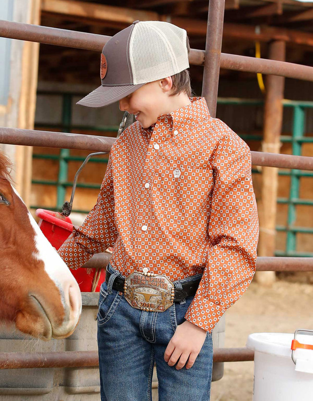 Wrangler 20X Boys' Long Sleeve Stripe Snap Shirt -White/Red