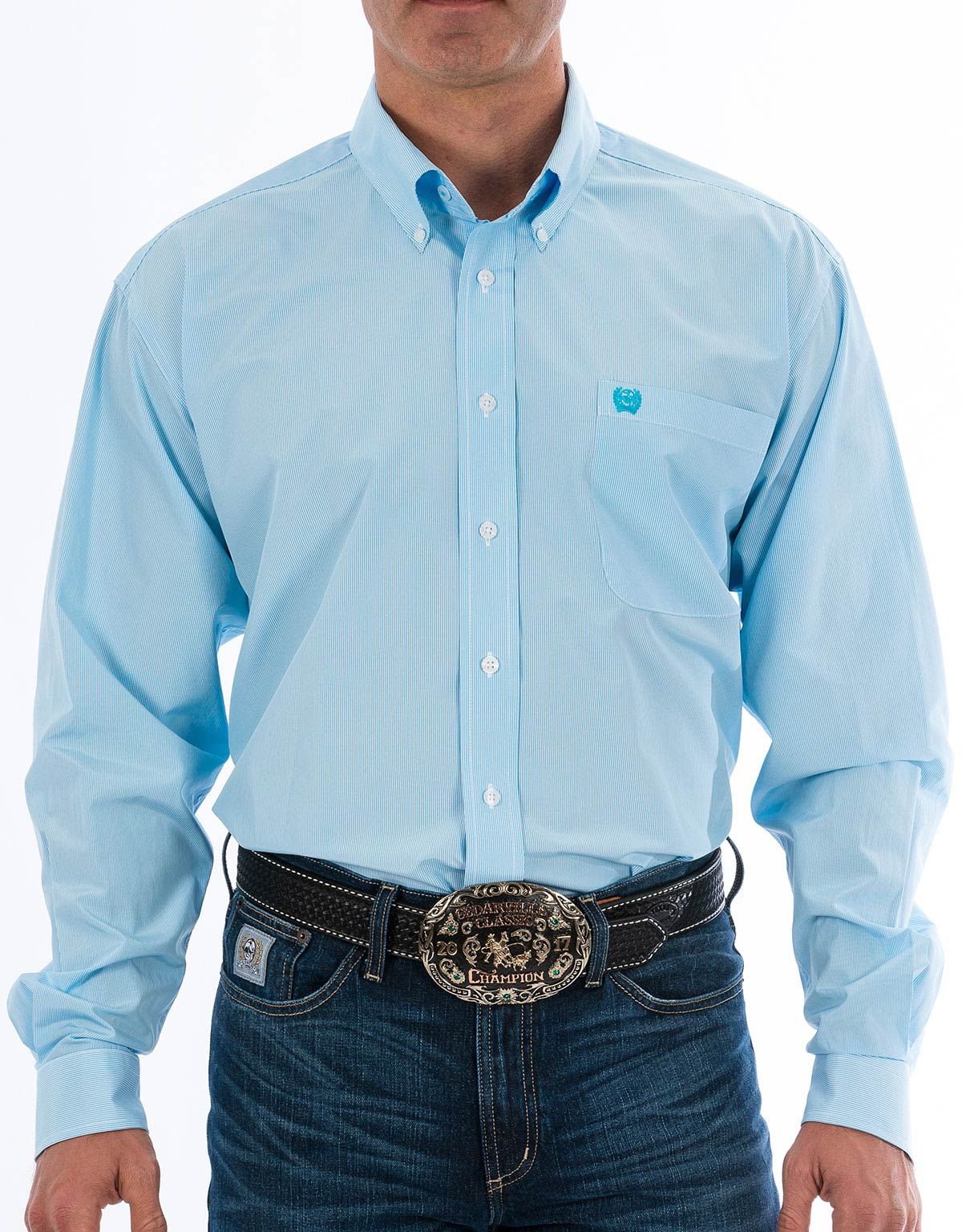 Cinch Men's Long Sleeve Stripe Button Down Shirt - Blue