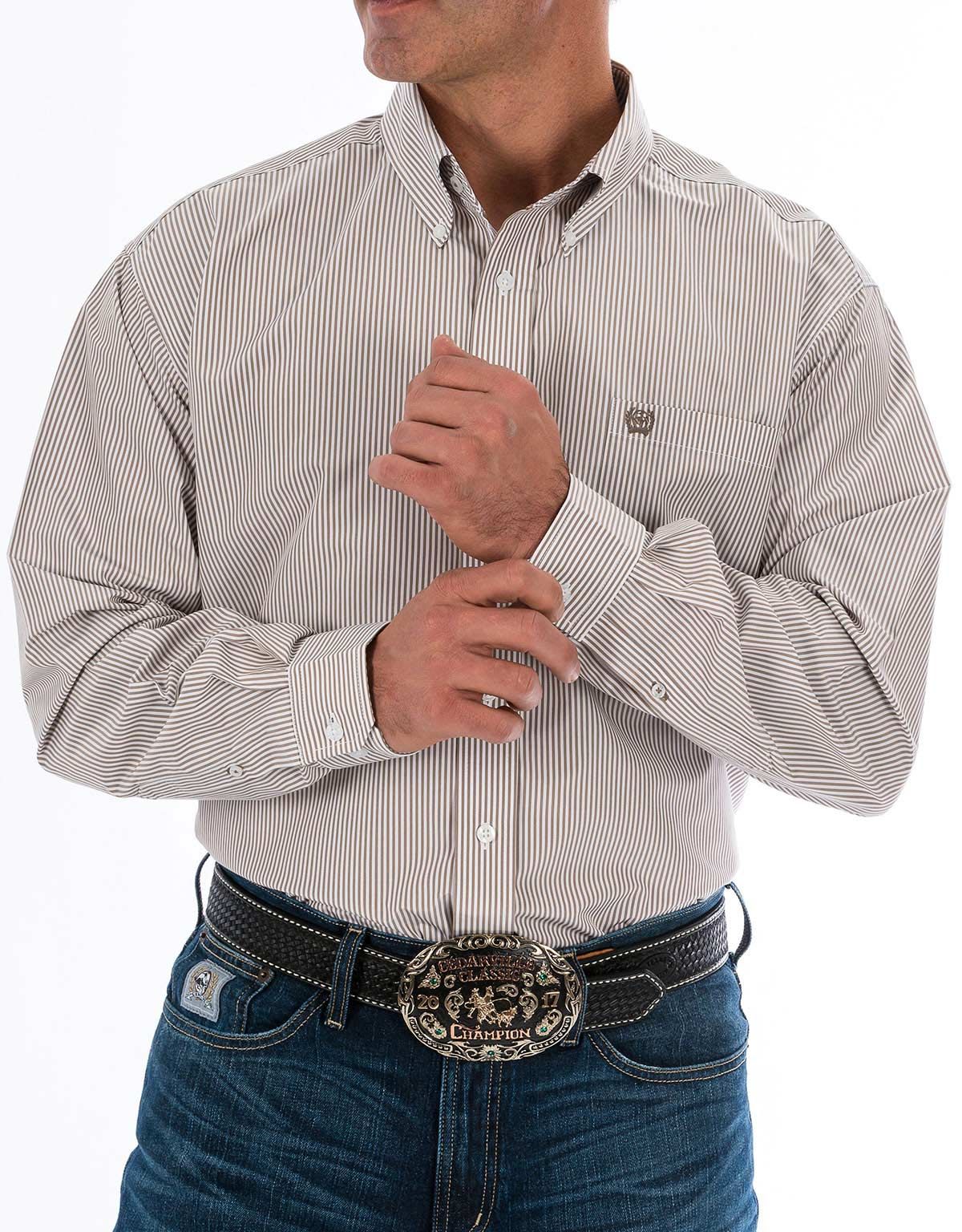 Cinch Men's Long Sleeve Stripe Button Down Shirt - Khaki - Langstons