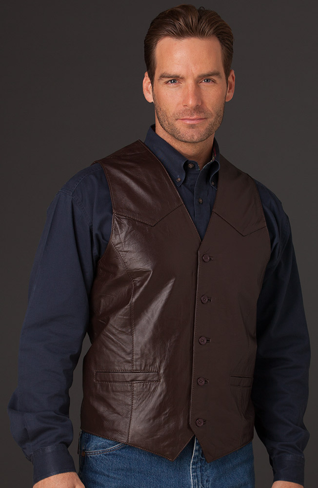 Cripple Creek Men's Leather Button Down Vest - Chocolate Brown