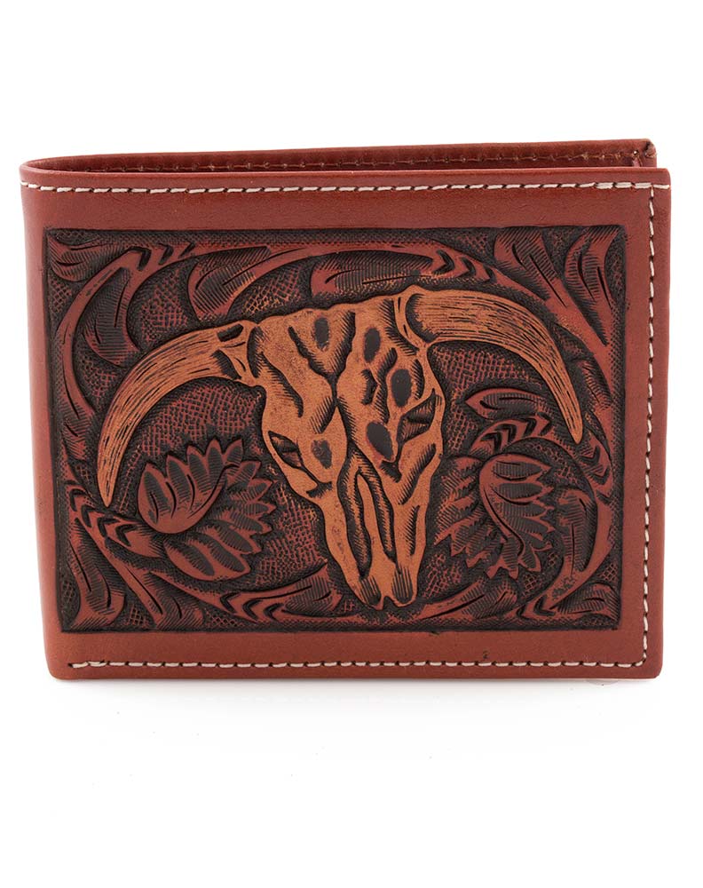 3D Tooled Western Steer Head Bifold Wallet - Tan