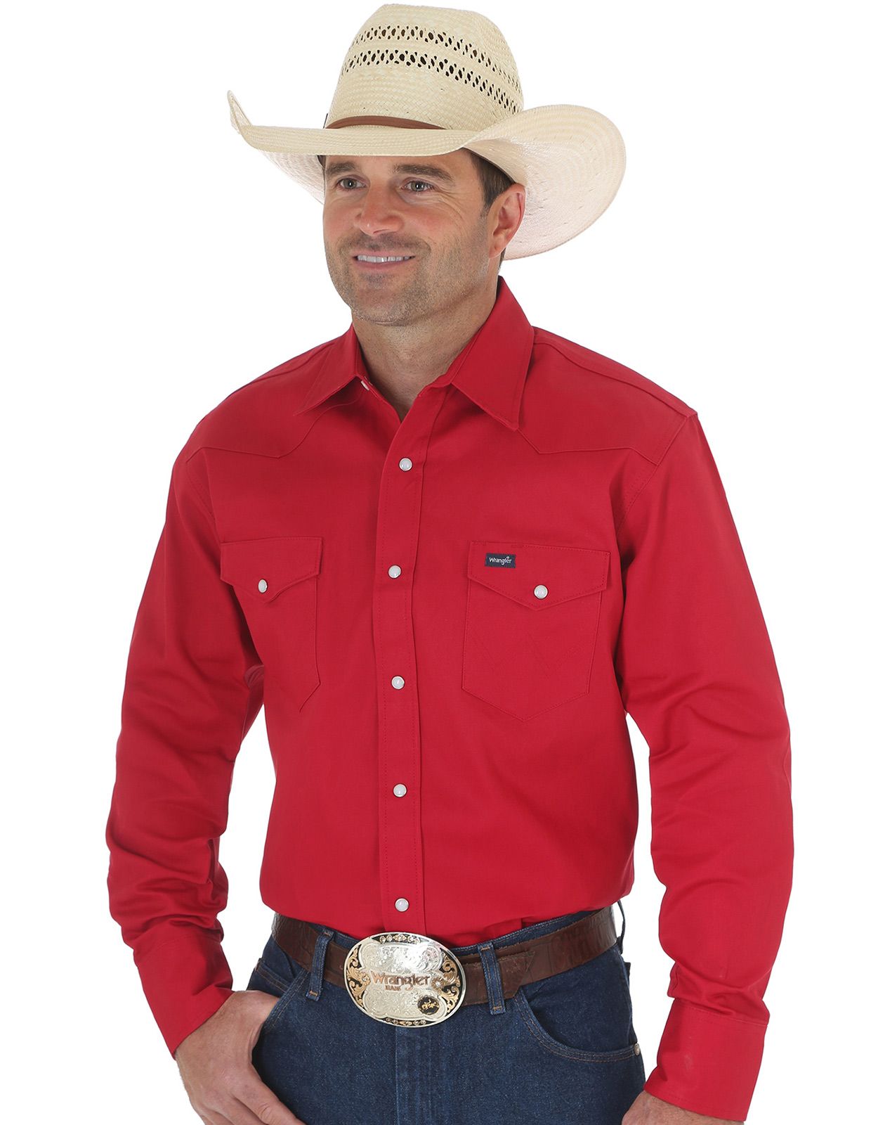 Wrangler Men's Basic Twill Long Sleeve Solid Snap Work Shirt - Red