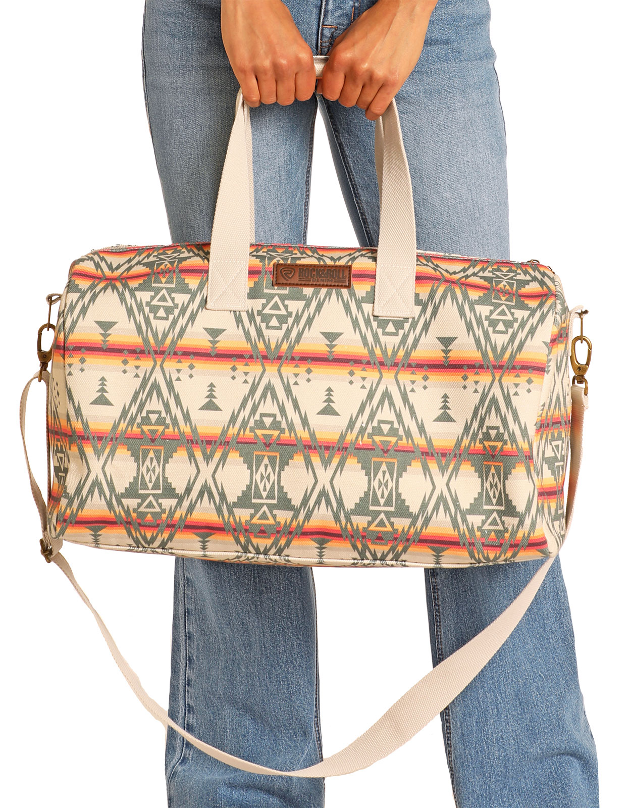 Rock & Roll Denim Aztec Print Duffle Bag - Cream