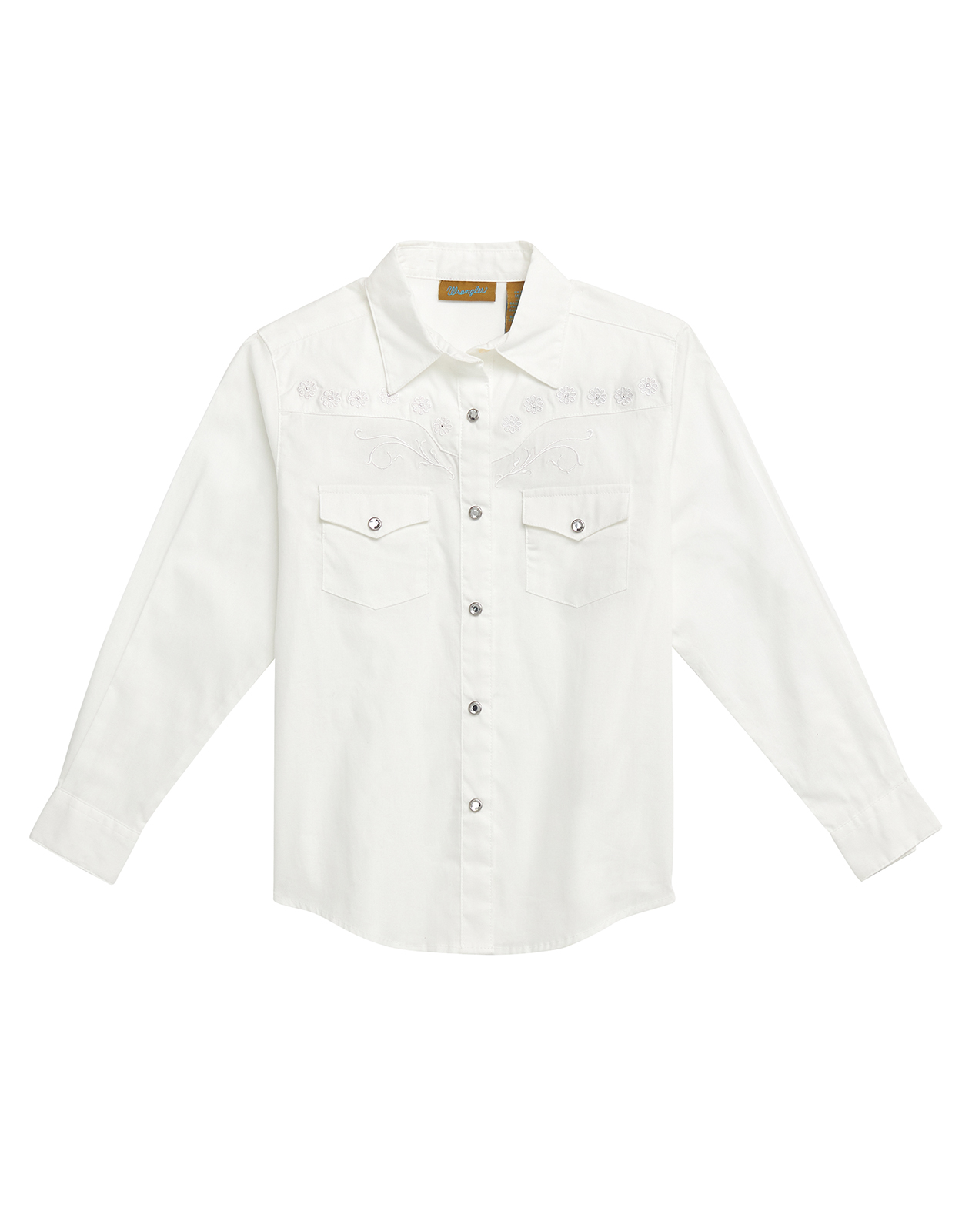 Wrangler Girls' Long Sleeve Embroidered Snap Shirt - White