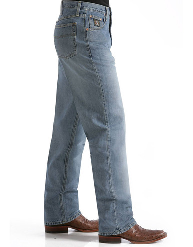Stonewashed back-cinch tapered men's jeans