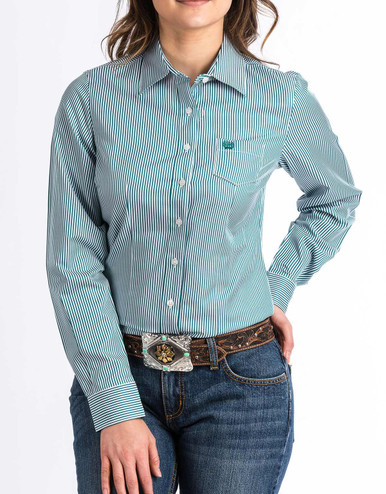 Chic Teal Patterned Cinch Women's Long Sleeve Shirt