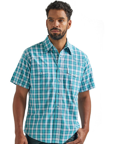 Wrangler Men's Wrinkle Resist Short Sleeve Plaid Snap Shirt - Teal ...