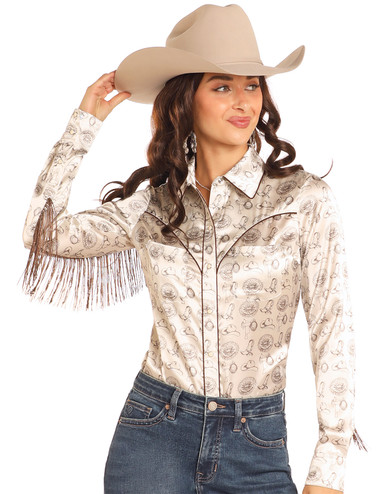 【U LAN】Haroni Unbal Snap Long Sleeve Rock & Roll Denim Women's Long Sleeve Western Print Snap