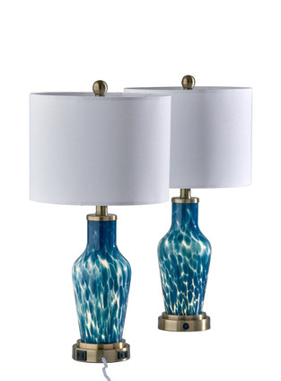 Adesso Home - SL0375-07 - 2 Pc Table Lamp Pack - Grady - Blue Texture Glass White Linen Antique Brass