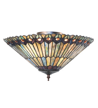 Meyda Tiffany - 274068 - Three Light Flushmount - Tiffany Jeweled Peacock - Mahogany Bronze