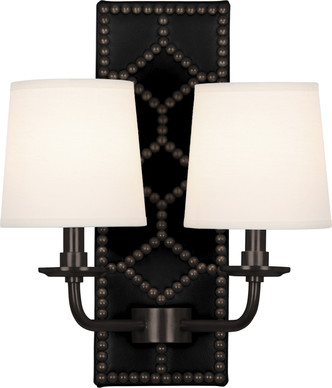 Robert Abbey - Z1035 - Two Light Wall Sconce - Williamsburg Lightfoot - Blacksmith Black Leather w/Nailhead Deep Patina Bronze