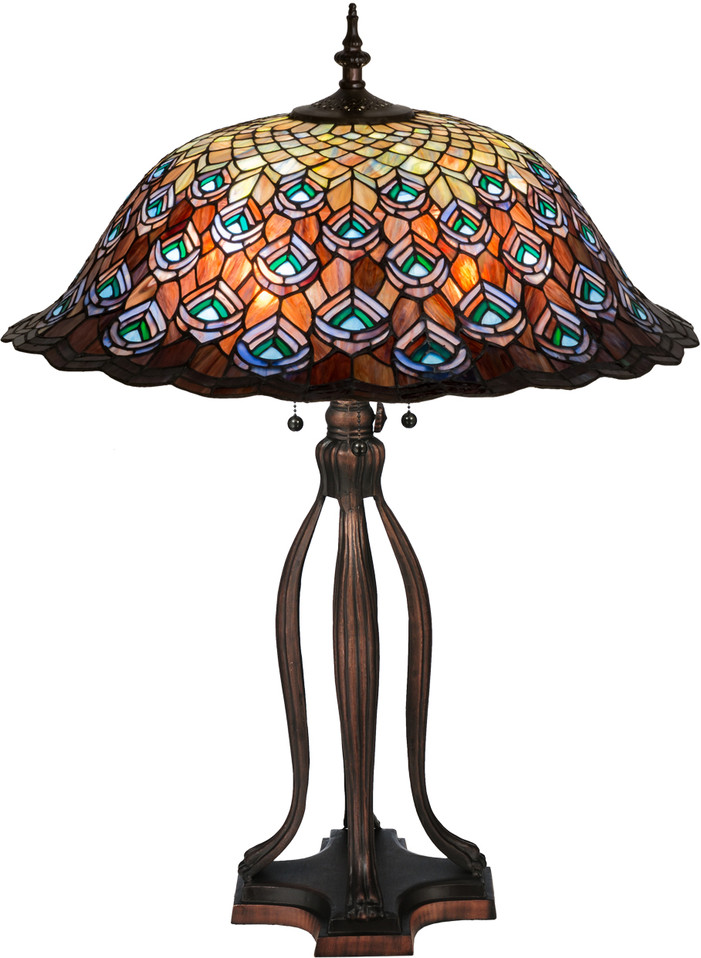 Meyda Tiffany - 28504 - Three Light Table Lamp - Tiffany Peacock Feather - Mahogany Bronze