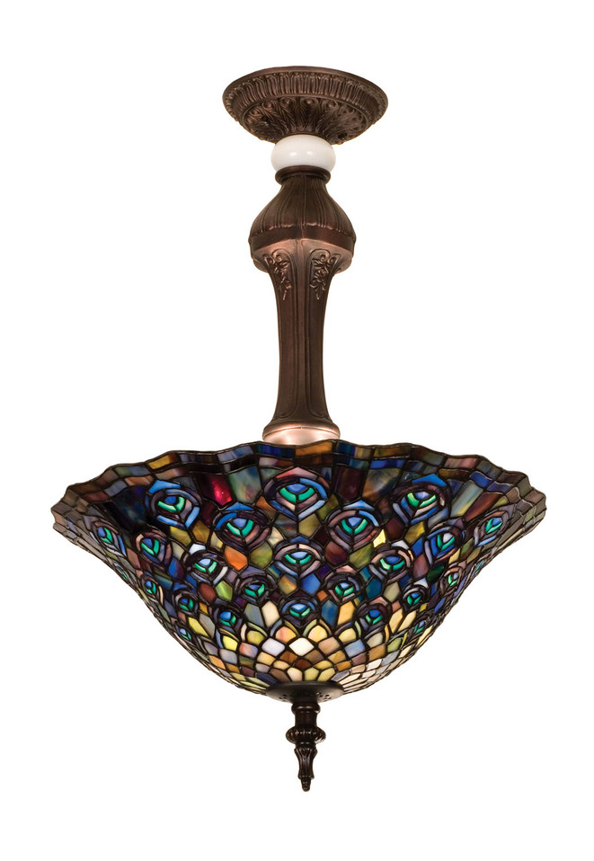 Meyda Tiffany - 31101 - Three Light Semi-Flushmount - Tiffany Peacock Feather - Mahogany Bronze