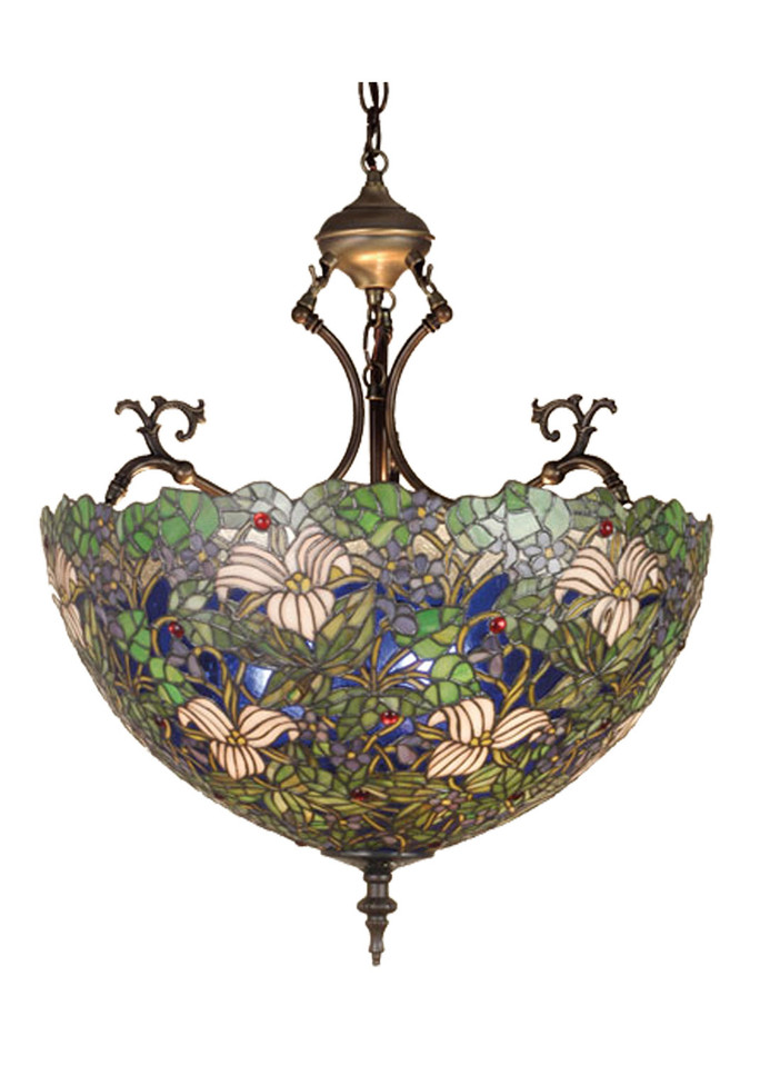 Meyda Tiffany - 52187 - Three Light Inverted Pendant - Trillium & Violet - Mahogany Bronze