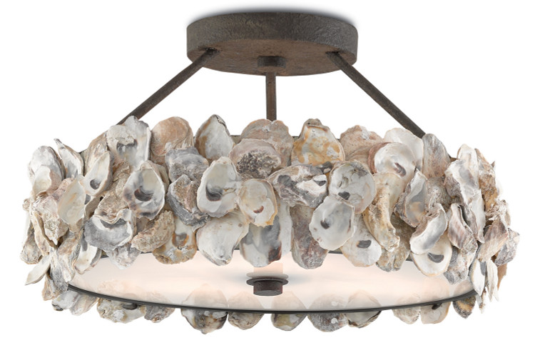 Currey and Company - 9000-0265 - Three Light Semi-Flush Mount - Oyster Shell Collection - Textured Bronze/Natural