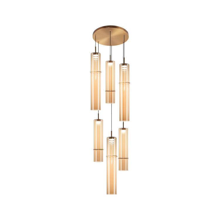 Matteo Lighting - C30606AGAM - Six Light Chandelier - Bambu - Aged Gold Brass + Amber Glass