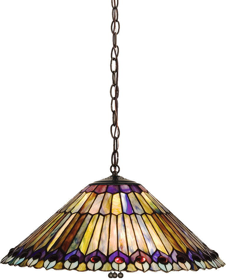Meyda Tiffany - 26487 - Three Light Pendant - Tiffany Jeweled Peacock - Mahogany Bronze