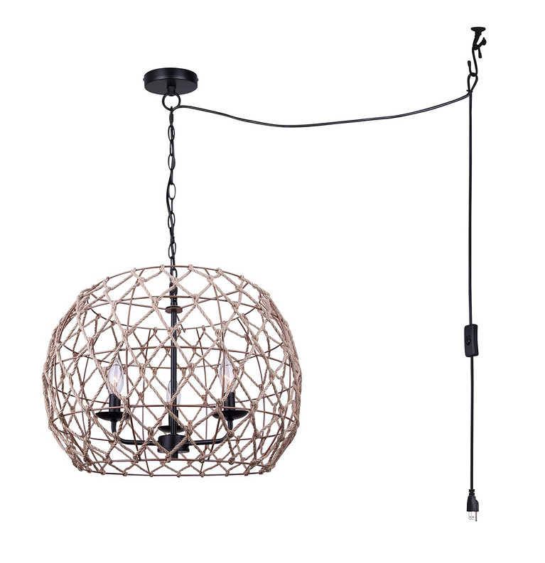Canarm - IPL2269B03BK20 - Three Light Pendant - Hora-Marron - Matte Black + Rope