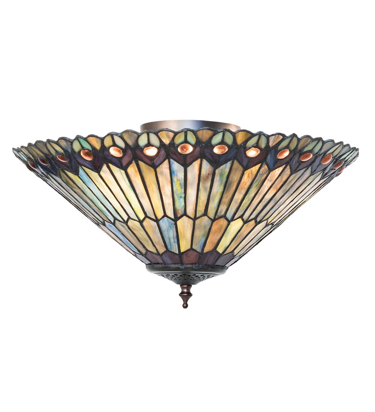 Meyda Tiffany - 274068 - Three Light Flushmount - Tiffany Jeweled Peacock - Mahogany Bronze
