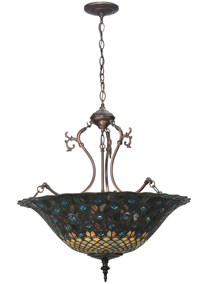 Meyda Tiffany - 38159 - Three Light Inverted Pendant - Tiffany Peacock Feather - Mahogany Bronze