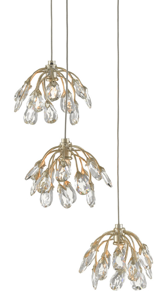 Currey and Company - 9000-0668 - Three Light Pendant - Crystal Bud - Clear/Contemporary Silver Leaf/Silver