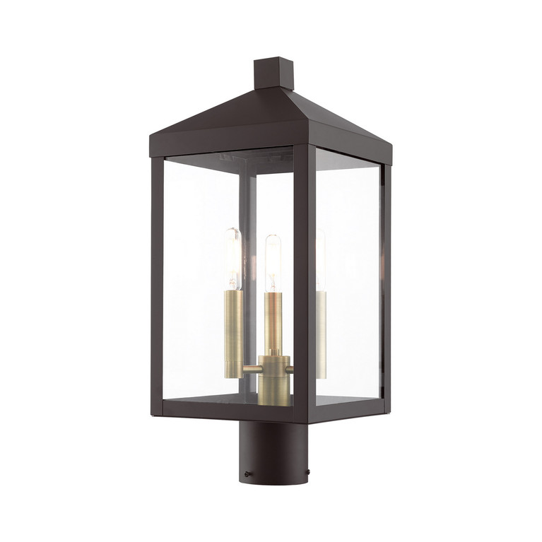 Livex Lighting - 20592-07 - Three Light Outdoor Post Top Lantern - Nyack - Bronze w/ Antique Brass Cluster