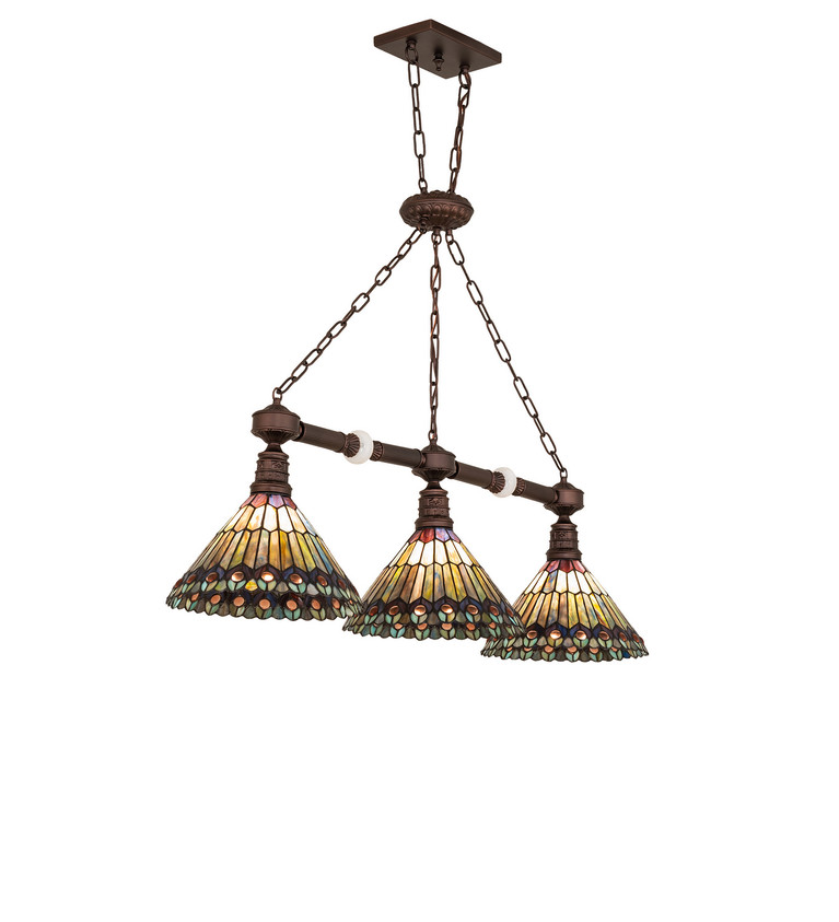 Meyda Tiffany - 244382 - Three Light Island Pendant - Tiffany Jeweled Peacock - Mahogany Bronze