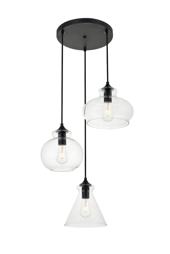 Elegant Lighting - LD2247BK - Three Light Pendant - DESTRY - Black and Clear