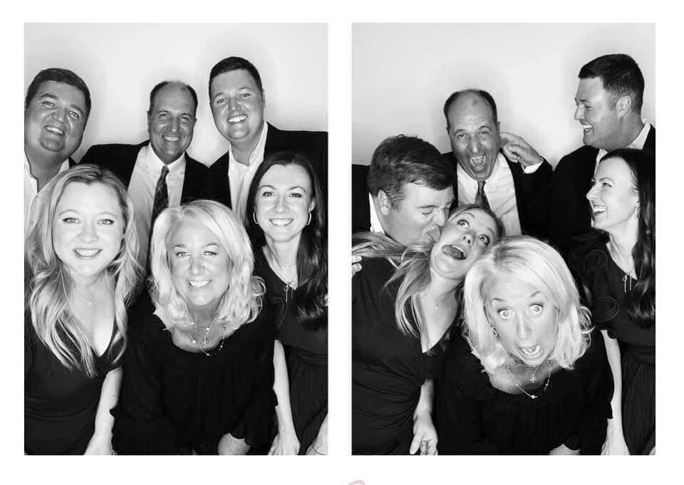 Black and white photo collage of family and friends
