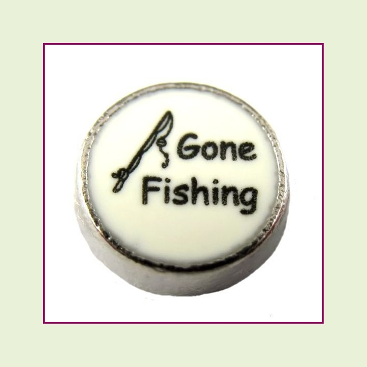Gone Fishing on White Round (Silver Base) Floating Charm