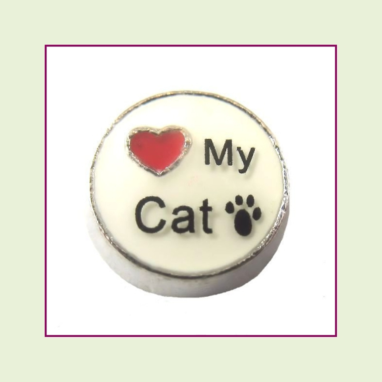 Love My Cat on White Round (Silver Base) Floating Charm