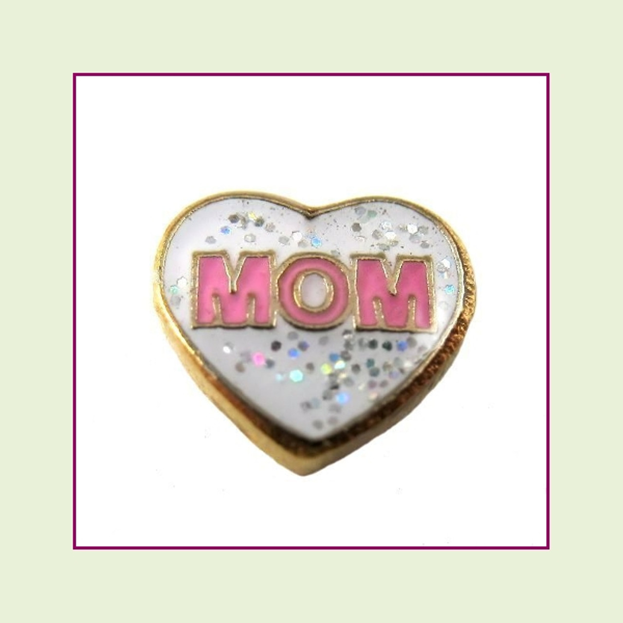 Mom White Glitter Heart (Gold Base) Floating Charm