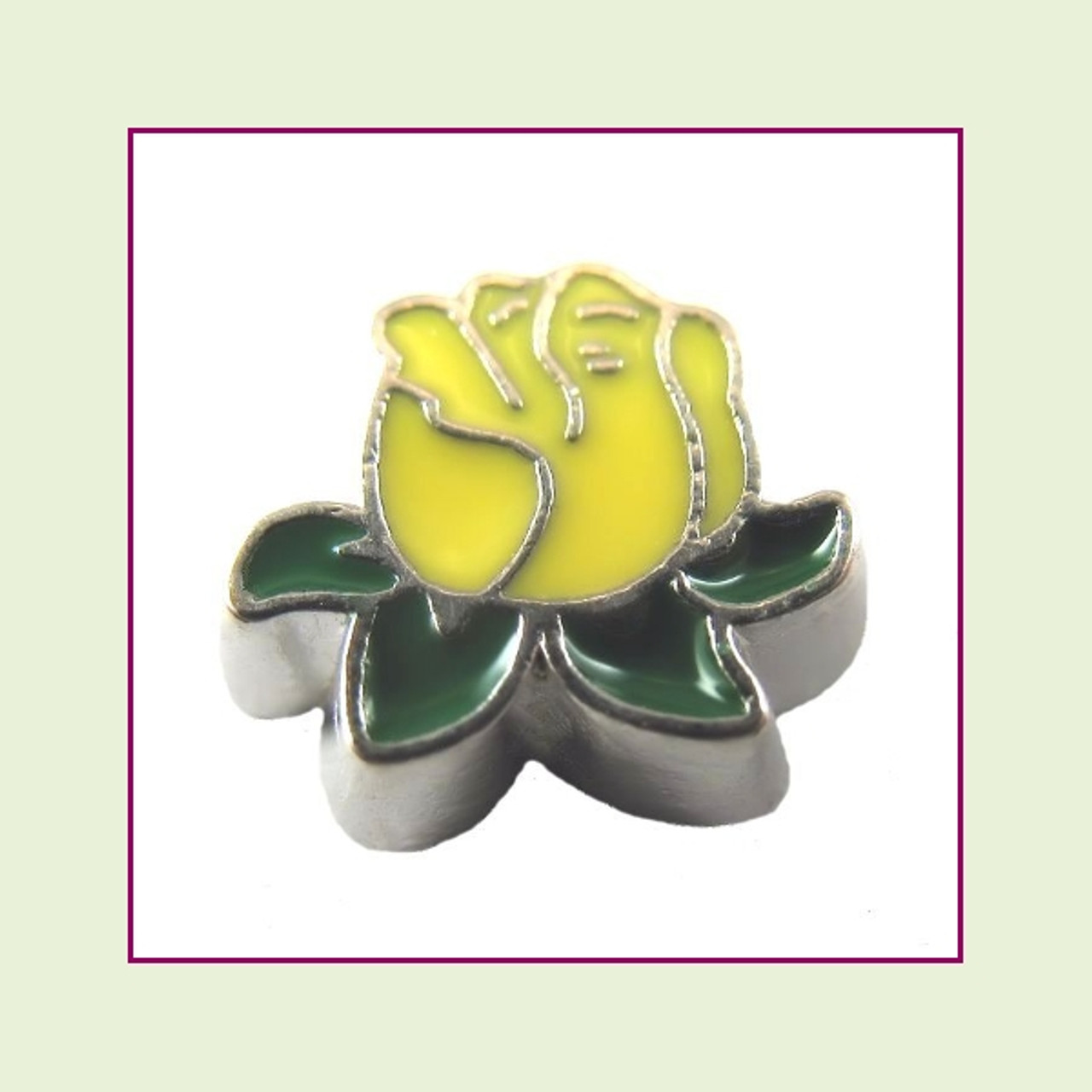 Rose Yellow with Leaves (Silver Base) Floating Charm