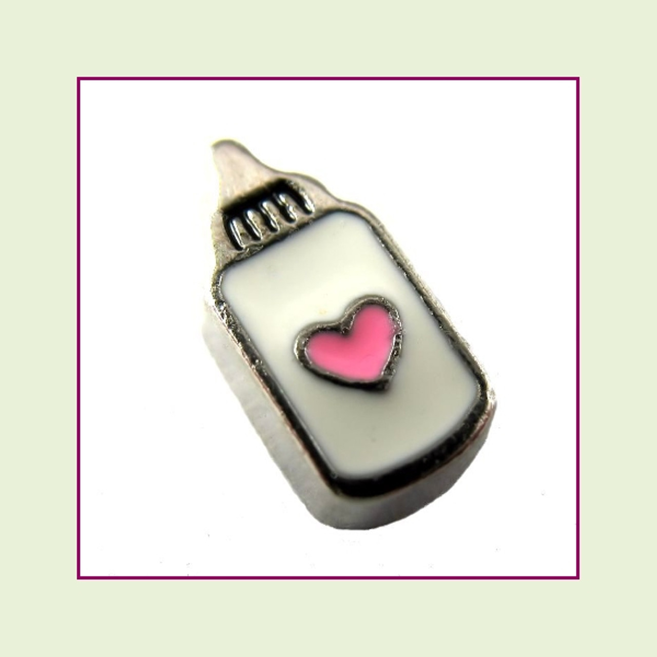 Baby Bottle with Pink Heart (Silver Base) Floating Charm