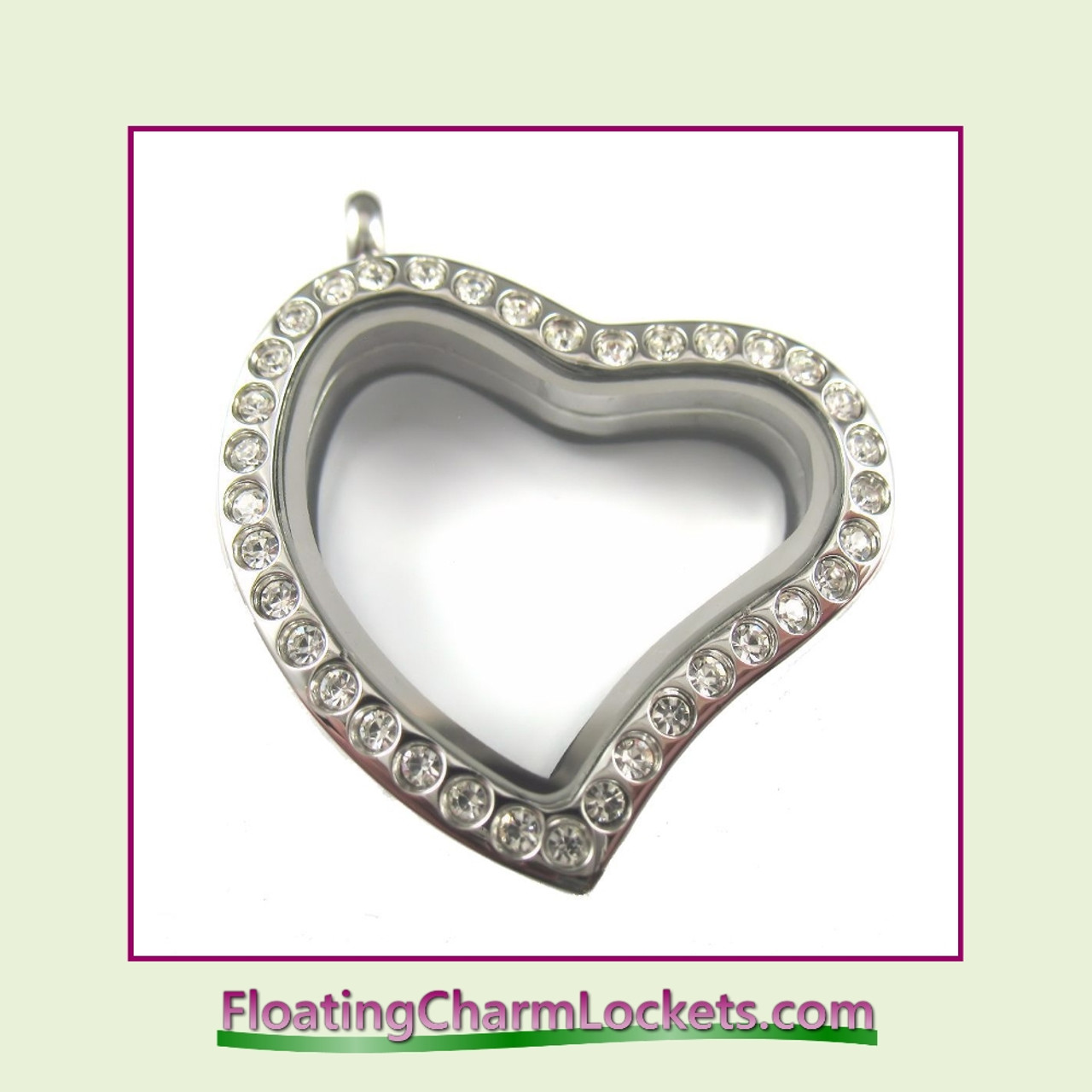 CZ Silver Curved Heart Stainless Steel Floating Charm Locket