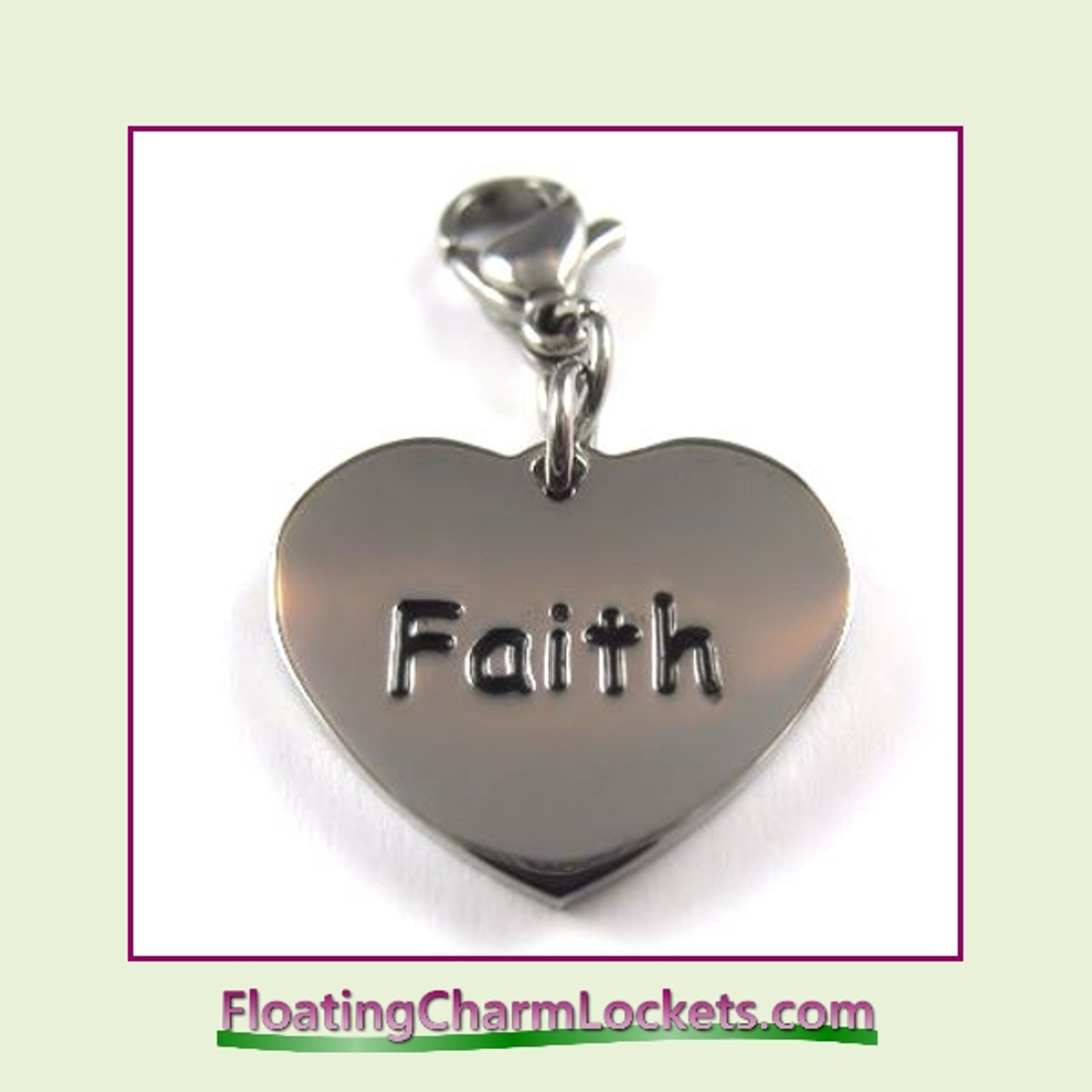 Stainless Steel Clip-On Charm:  Faith Heart (Silver) 18x15mm