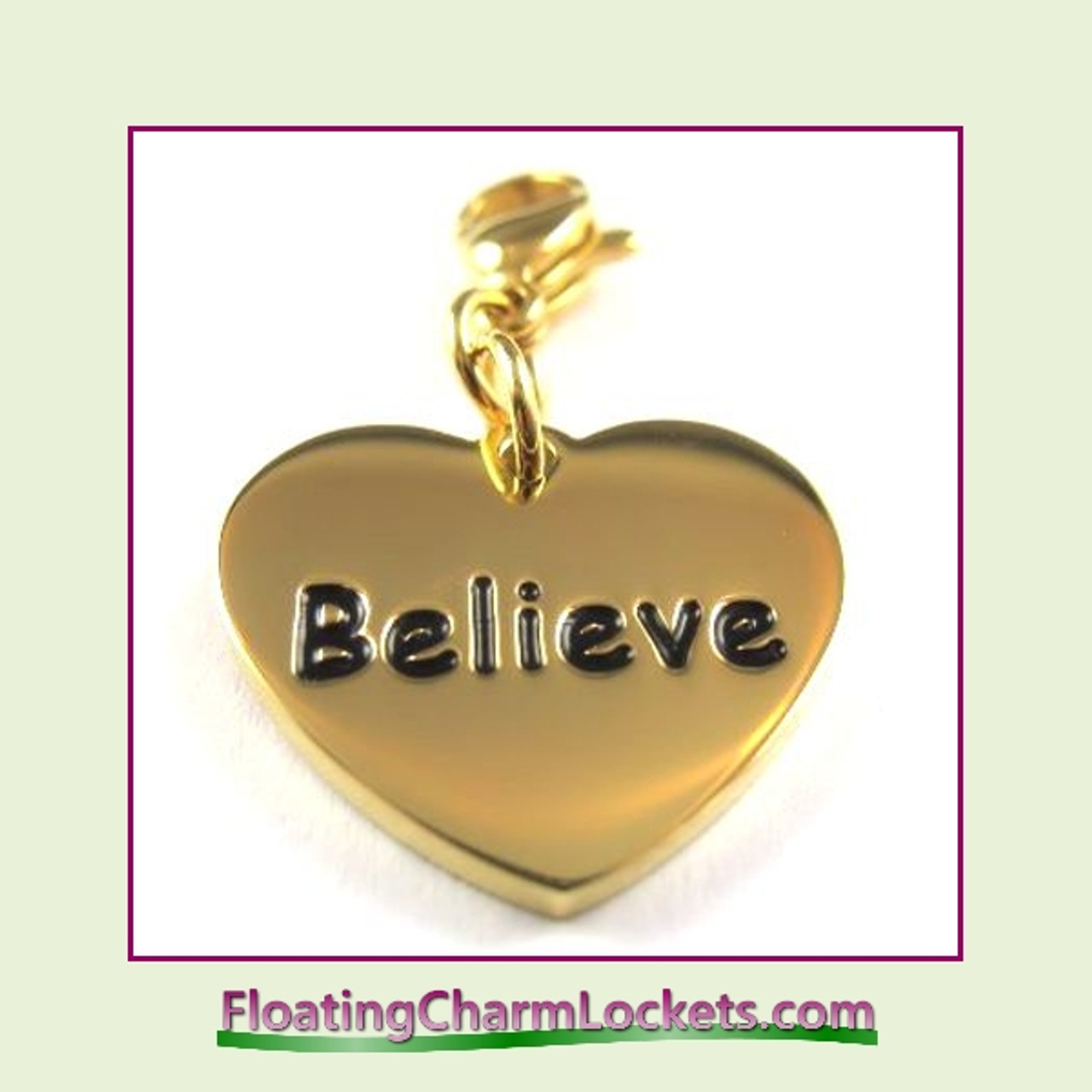 Stainless Steel Clip-On Charm: Believe Heart (Gold) 18x15mm 