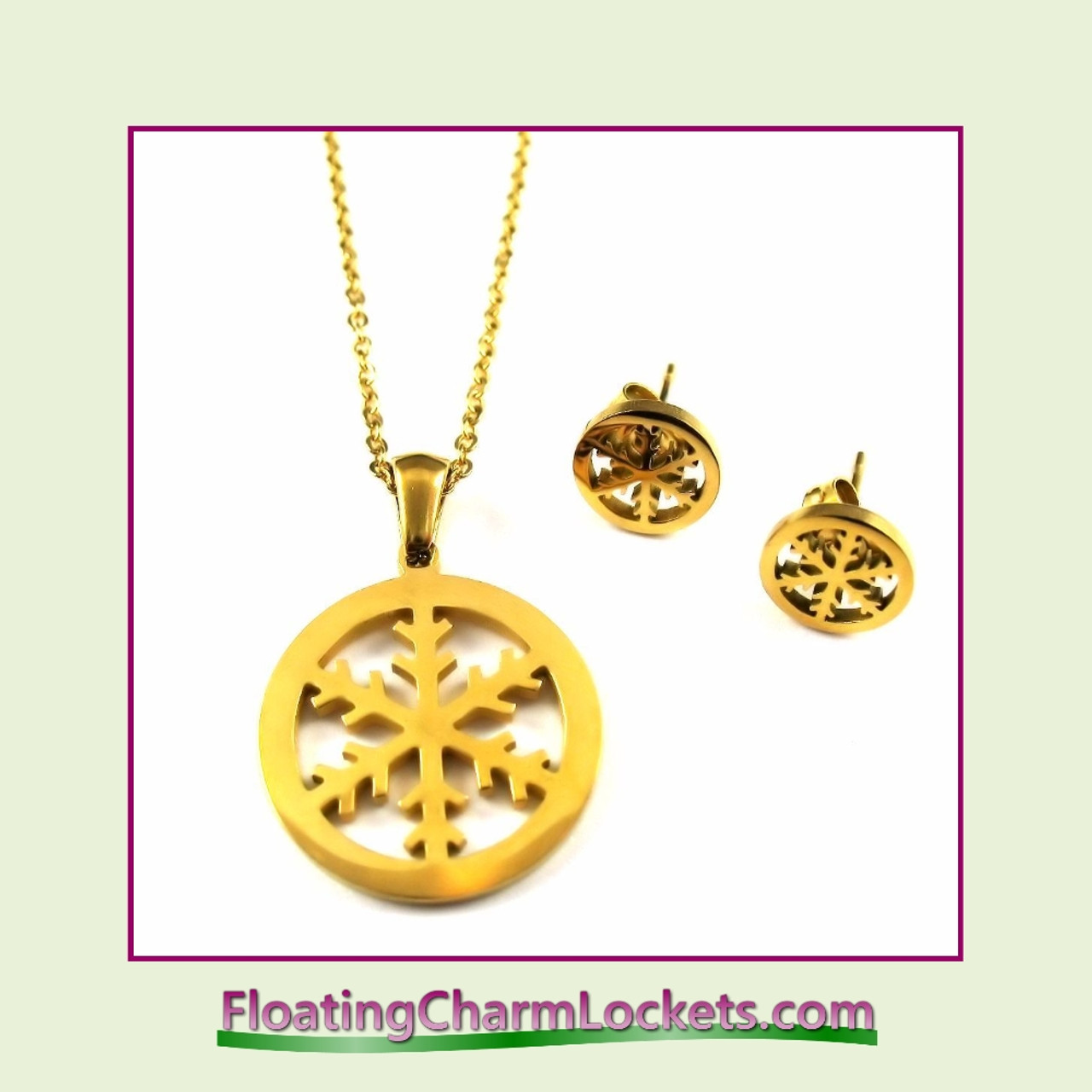 Stainless Steel Jewelry Set - Snowflake Pendant and Earrings (Gold)