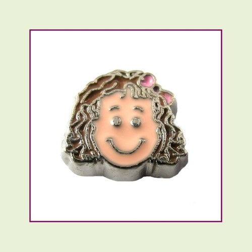 Girl #4 Curly Hair - Light Brown Hair (Silver Base) Floating Charm